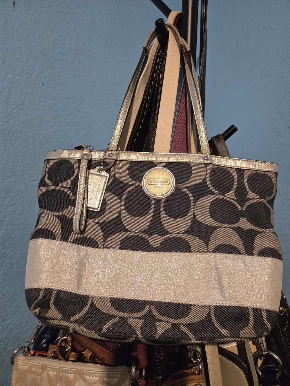 Coach Signature Stripe Tote in Shimmery Silver And Denim